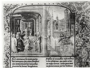 T.III fol.1 Froissart reçu à Orthez par le Comte Gaston de Foix, à qui il remet la lettre de Guy de Blois, de la Chronique de Froissart - French School